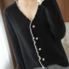 Long-sleeve V-neck Wood Ear Trim Knit Sweater Cardigan