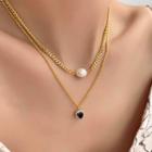 Faux Pearl Heart Rhinestone Pendant Layered Necklace Type A - Gold - One Size