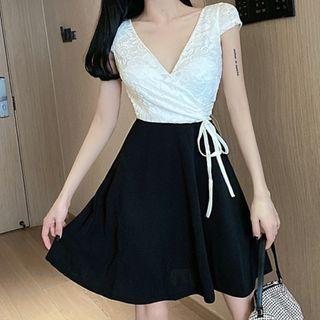 Short-sleeve Drawstring Paneled A-line Dress