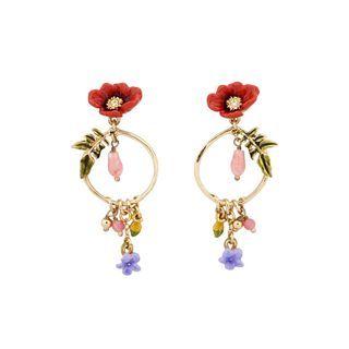 Fashion And Elegant Plated Gold Enamel Red Flower Circle Tassel Earrings With Cubic Zirconia Golden - One Size
