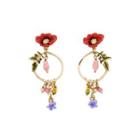 Fashion And Elegant Plated Gold Enamel Red Flower Circle Tassel Earrings With Cubic Zirconia Golden - One Size