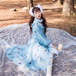 Flower Print Lantern-sleeve Midi Padded Coat
