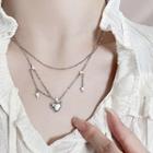 Heart Rhinestone Pendant Layered Alloy Necklace 1pc - Silver - One Size