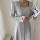 Puff-sleeve Square-neck Midi Flare Dress