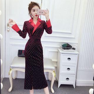 Notch-lapel Long-sleeve Midi Sheath Dress