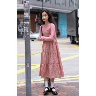 Plain Long-sleeve Top / Floral Midi Spaghetti Strap Dress