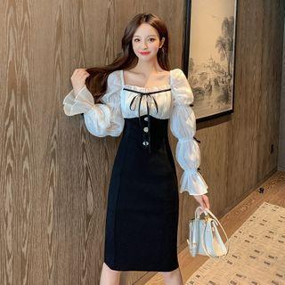Lantern-sleeve Two-tone Sheath Dress