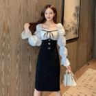 Lantern-sleeve Two-tone Sheath Dress