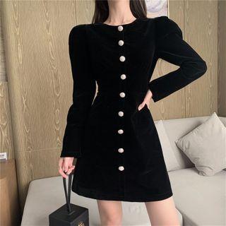 Long-sleeve Rhinestone Button Mini A-line Dress