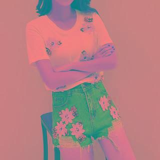 Set: Floral Embroidered Short-sleeve T-shirt + Distressed Denim Shorts