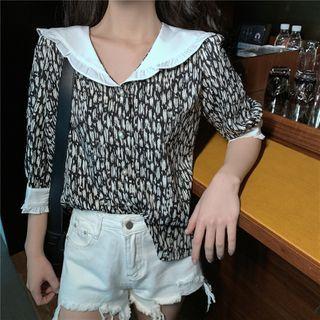 Elbow-sleeve Print Sailor Collar Blouse Black & White - One Size