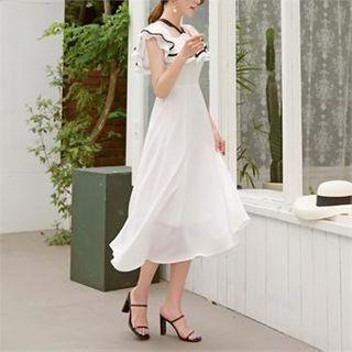 Halter Contrast-trim Ruffle Dress