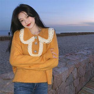 Lace Trim Knit Polo Shirt Yellow - One Size