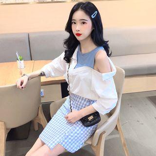 Elbow-sleeve Mock Two-piece Shirt / Plaid Asymmetrical A-line Skirt