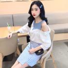 Elbow-sleeve Mock Two-piece Shirt / Plaid Asymmetrical A-line Skirt