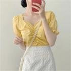 Puff-sleeve Shirred Blouse / High-waist Floral Skirt
