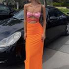 Strapless Color Block Cut-out Maxi Sheath Dress