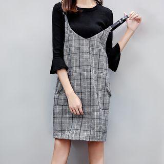 Set: Elbow-sleeve Top + Plaid Pinafore Dress
