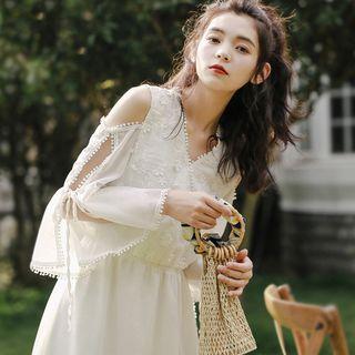 Cold-shoulder Long-sleeve Midi Chiffon Dress