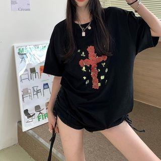 Short Sleeve Rose Cross Print T-shirt / Tank Top