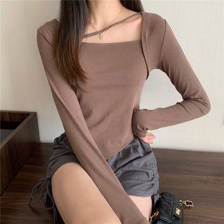 Long-sleeve Asymmetrical Hem Plain T-shirt