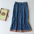Lace Trim Tiered Midi A-line Denim Skirt