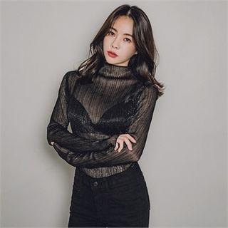 Long Sleeve Mock-neck Glittered Sheer Top