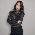 Long Sleeve Mock-neck Glittered Sheer Top