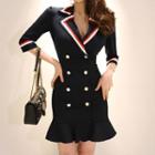 3/4-sleeve Lapel Collar Double-breasted Dress