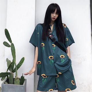 Set: Elbow-sleeve Printed Shirt + Wide-leg Shorts As Shown In Figure - One Size