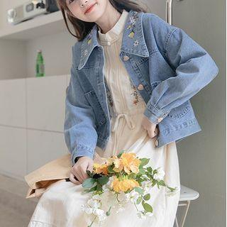 Floral Embroidered Denim Cropped Jacket