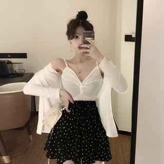Set: Sleeveless Knotted Top + Light Cardigan / Dotted A-line Skirt
