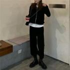 Set: Plain Zip-up Hoodie + Wide-leg Pants