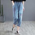 High-waist Embroidered Printed Straight Leg Jeans