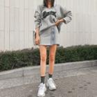 Letter Contrast-trim Hoodie & Miniskirt Set Gray & Gray - One Size