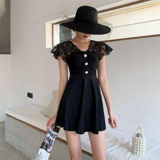 Set: Lace Trim Short-sleeve Swimsuit + Swim Skirt