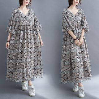 Elbow-sleeve Pattern Print V-neck Midi A-line Dress Aqua Blue & Almond Pattern - Black - One Size