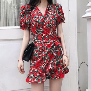 Short-sleeve Floral Print Mini A-line Wrap Dress
