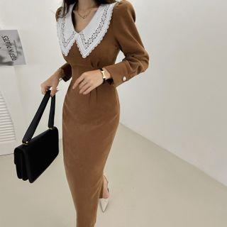 Puff-sleeve Lace-collar Long Sheath Dress