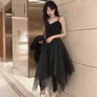 Strappy Asymmetric Top / A-line Mesh Midi Skirt