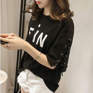 Elbow-sleeve Lace-up Letter T-shirt