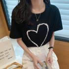 Short-sleeve Heart Print Faux Pearl T-shirt
