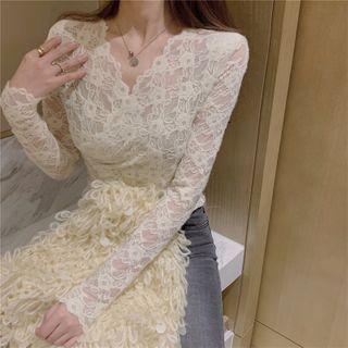 V-neck Long-sleeve Lace Top As Shown As Figure - One Size