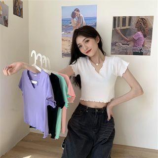 Lettuce Edge Short-sleeve Knit Cropped Top