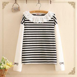 Lace Hem Striped Cat Embroidered Long-sleeve Top