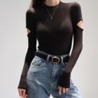 Plain Stand-collar Slim-fit Long-sleeve Top