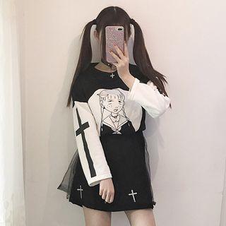 Print Colour Block Long-sleeve Dress
