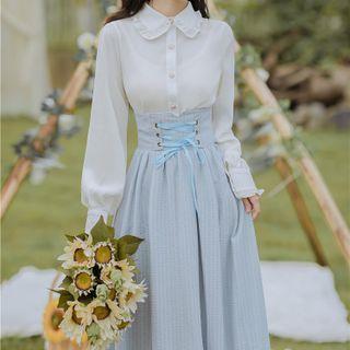 Set: Plain Shirt + Striped Lace Up Maxi A-line Skirt