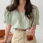 Short-sleeve Shirred Blouse Grass Green - One Size
