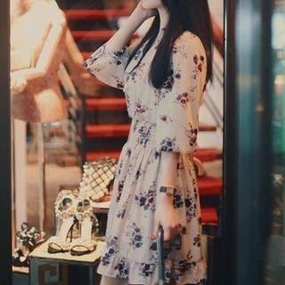 Long-sleeve Floral Loose Fit Ruffle Hem Mini Dress